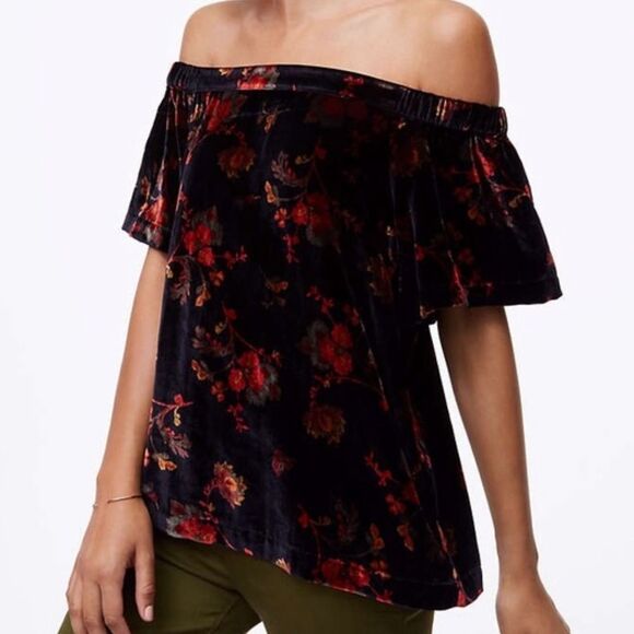 Loft Womens Black Floral Velvet Off the Shoulder Top Large NWT Fairy Grunge Chic - Picture 1 of 10